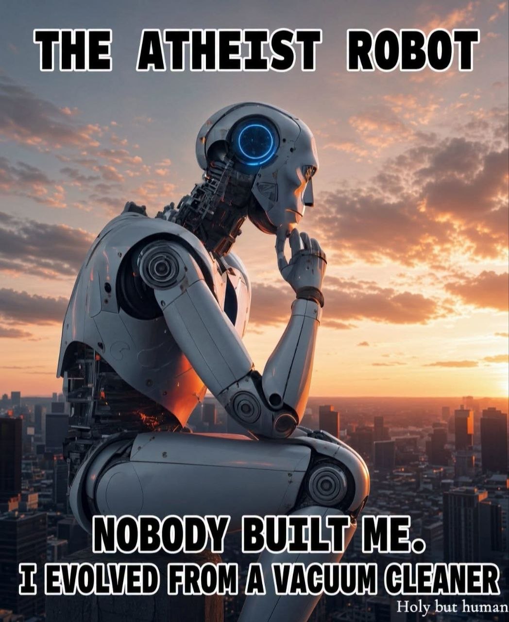 Meme titled The Atheist Robot: a silver humanoid robot with a glowing blue eye sits in the pose of Rodin's The Thinker on a rooftop above a city at sunset, with the caption Nobody built me. I evolved from a vacuum cleaner. Credit line: Holy but human.
