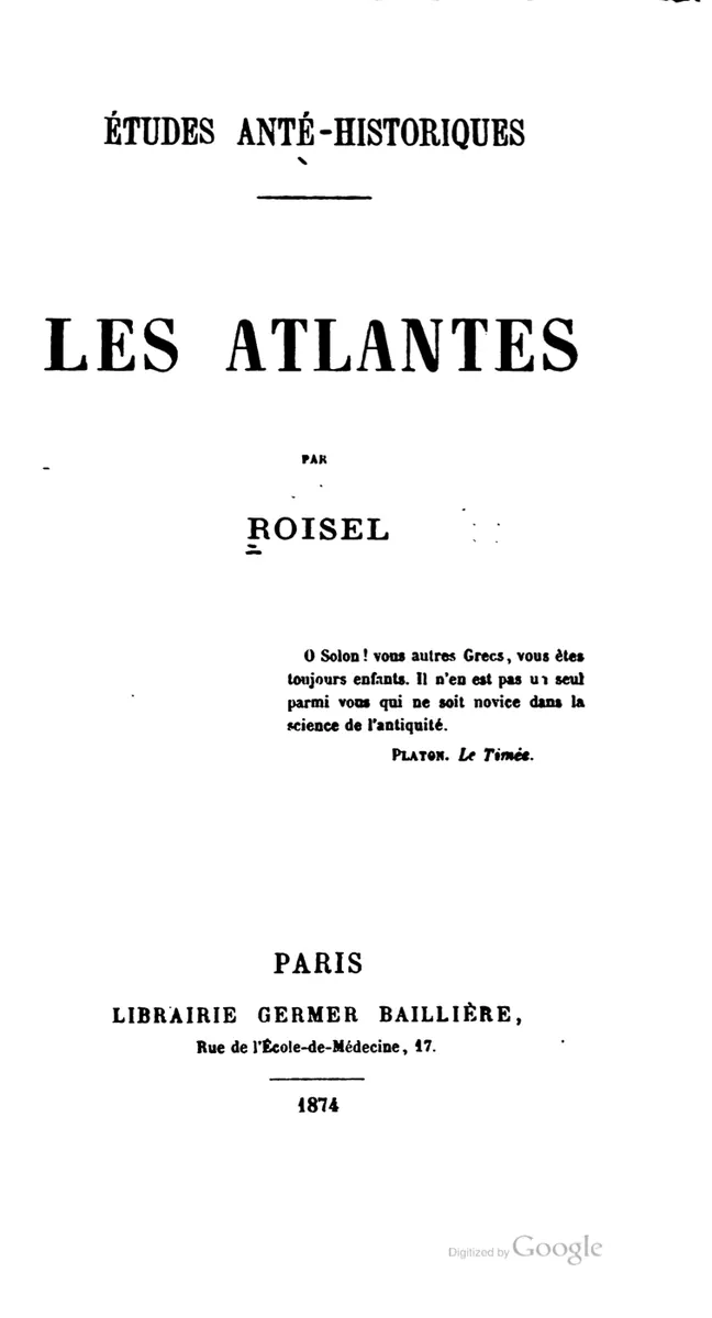 Title page of Études anté-historiques, Les Atlantes, by Roisel, Paris, 1874