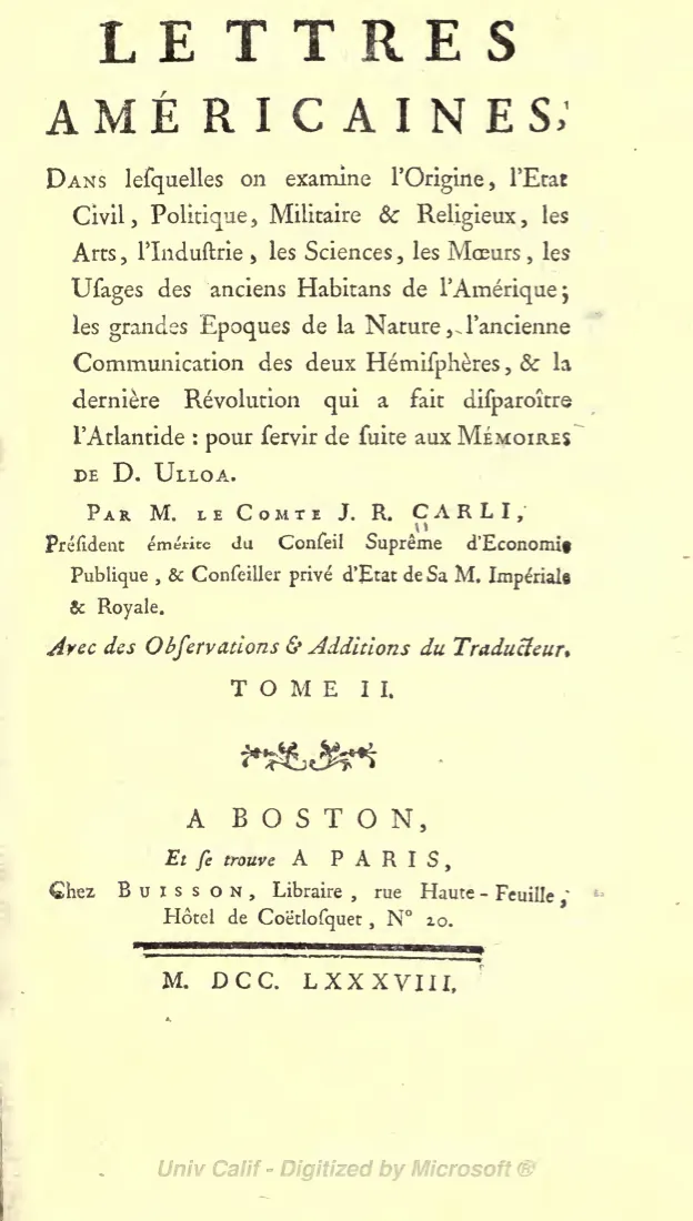 Title page of Lettres américaines, Tome II, by the Comte J. R. Carli, Boston and Paris, 1788