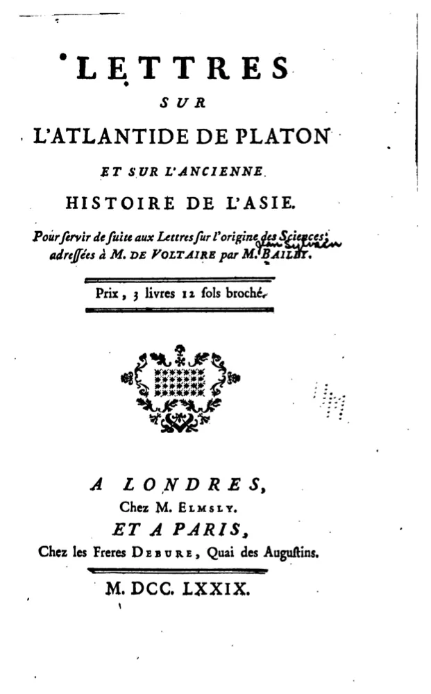 Title page of Lettres sur l'Atlantide de Platon by M. Bailly, Londres and Paris, 1779
