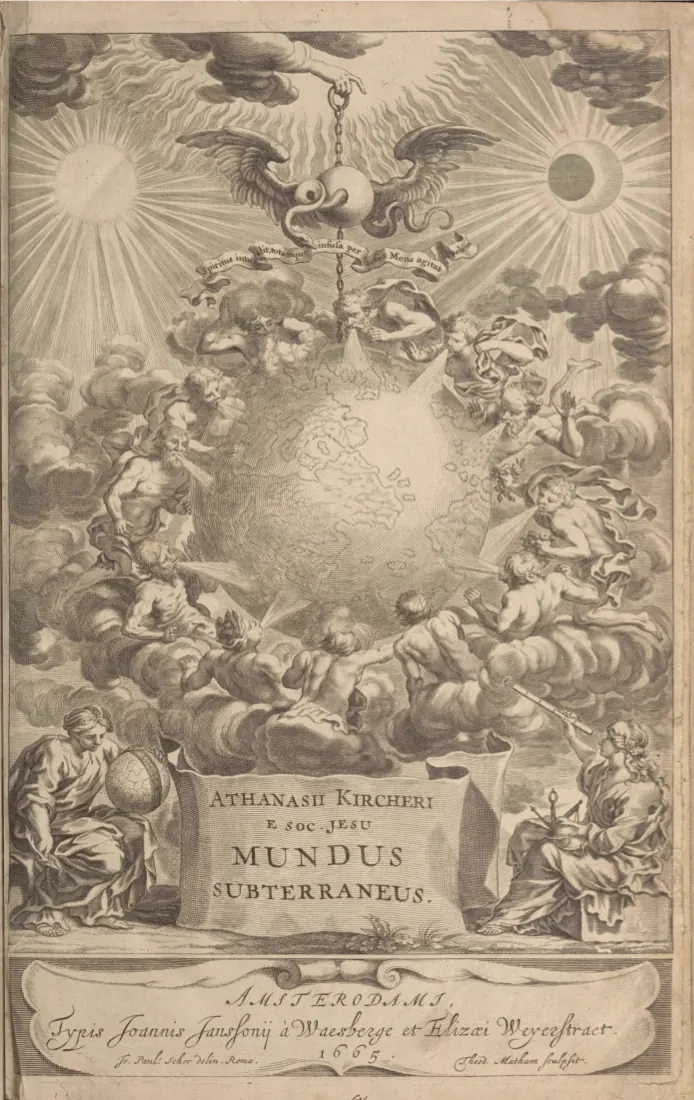 Engraved title page of Mundus Subterraneus by Athanasius Kircher, Amsterdam, 1665, the earth held among clouds