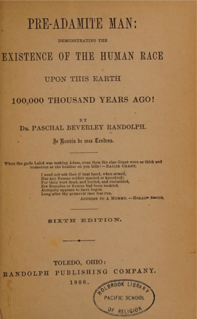 Title page of Pre-Adamite Man by Dr. Paschal Beverley Randolph, sixth edition, Toledo, 1888