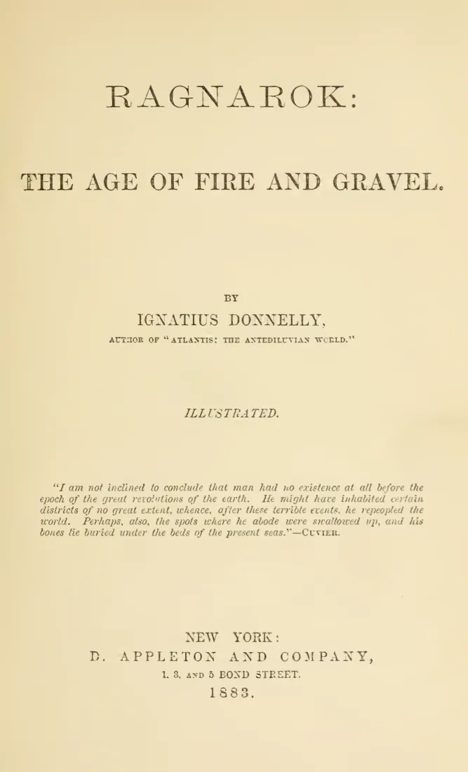 Title page of Ragnarok: The Age of Fire and Gravel by Ignatius Donnelly, New York, 1883