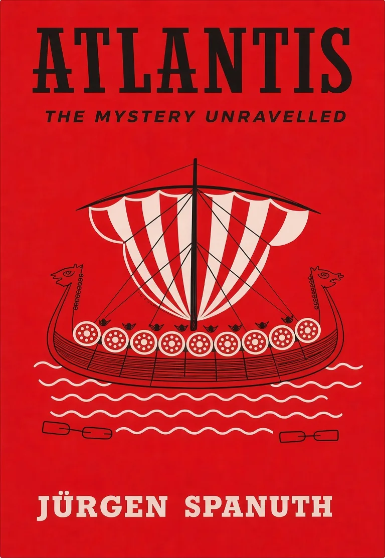 Cover of Atlantis: The Mystery Unravelled by Jürgen Spanuth, red with a Viking ship under a striped sail