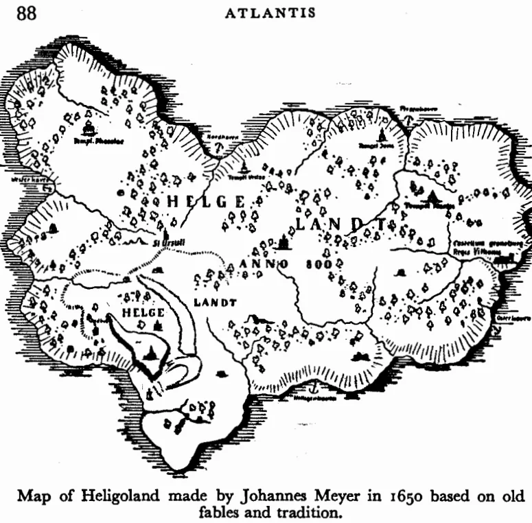 Old map of a much larger Heligoland labelled Helge Landt Anno 800, with temples, woods and rivers, and a smaller area marked Helge in the south-west.