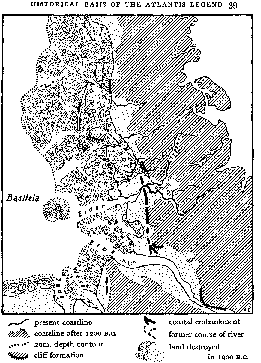 Black and white map of the North Sea coast of Schleswig-Holstein, with the island Basileia west of the Eider mouth, the rivers Eider, Elbe, Weser and Jade, and shading for the land destroyed in 1200 B.C.