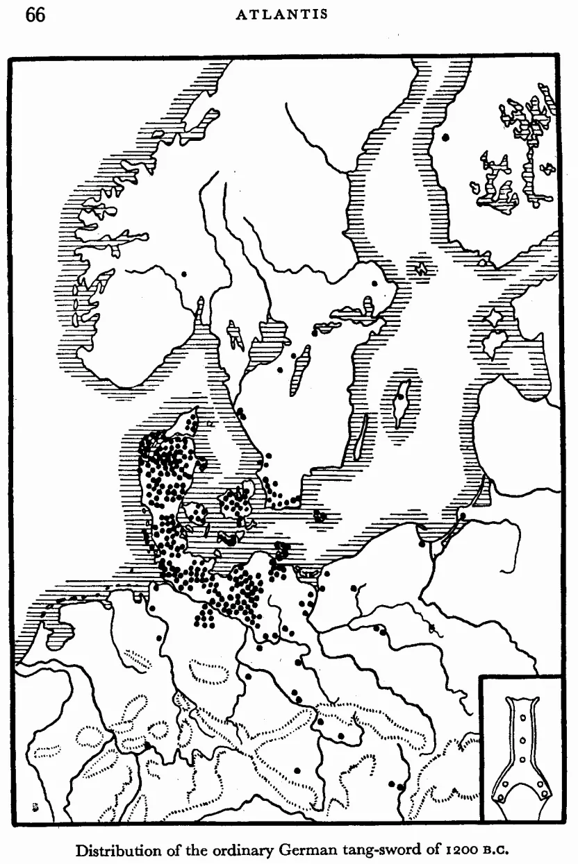 Map of northern Europe with black dots for finds of tanged swords, most of them in Denmark and Schleswig-Holstein, and a drawing of a sword hilt in the corner.