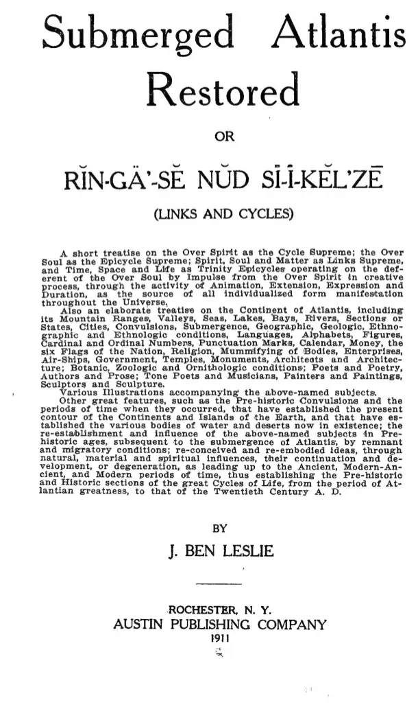 Title page of Submerged Atlantis Restored by J. Ben Leslie, Rochester, 1911