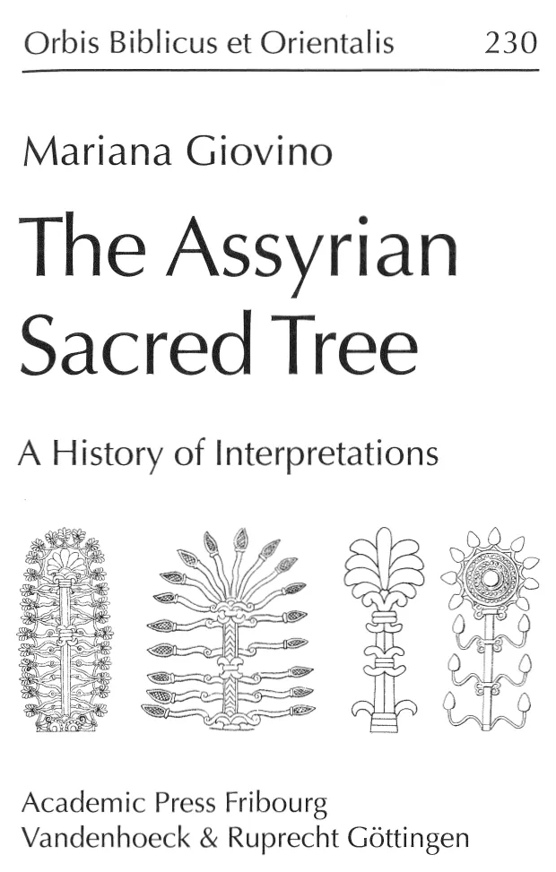 Title page of The Assyrian Sacred Tree by Mariana Giovino, with four drawings of sacred trees