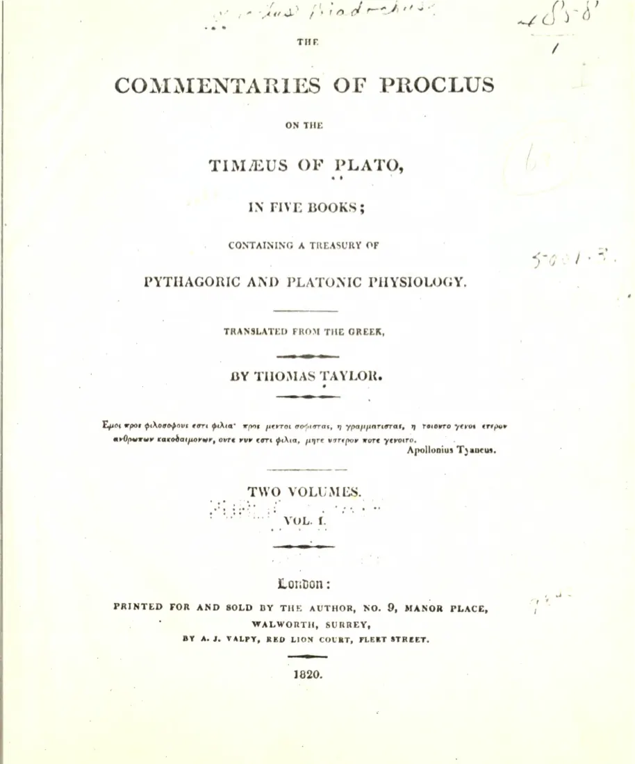 Title page of The Commentaries of Proclus on the Timaeus of Plato, translated by Thomas Taylor, London, 1820