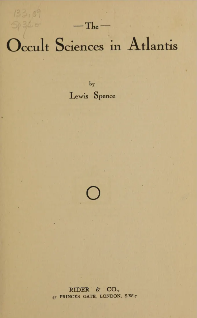 Title page of The Occult Sciences in Atlantis by Lewis Spence, Rider and Co., London