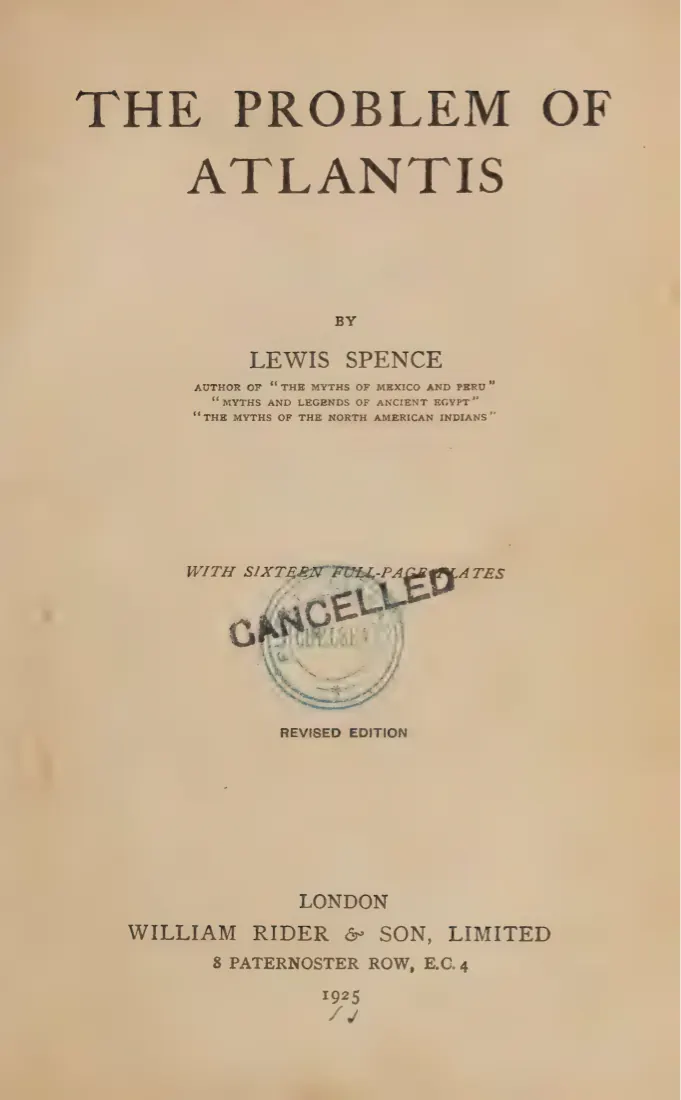 Title page of The Problem of Atlantis by Lewis Spence, revised edition, London 1925, with a library cancellation stamp