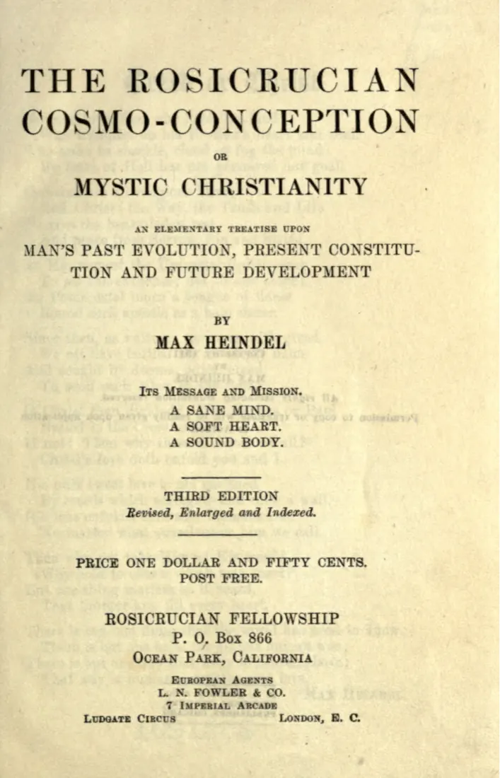 Title page of The Rosicrucian Cosmo-Conception by Max Heindel, third edition, Rosicrucian Fellowship
